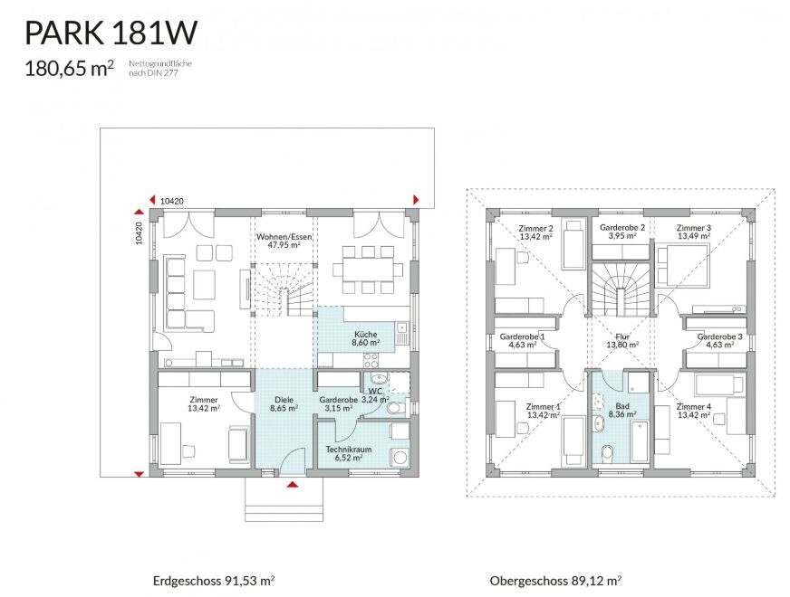 Zwei-geschossiger Hausgrundrissplan mit Küche, Wohnzimmer und Treppen