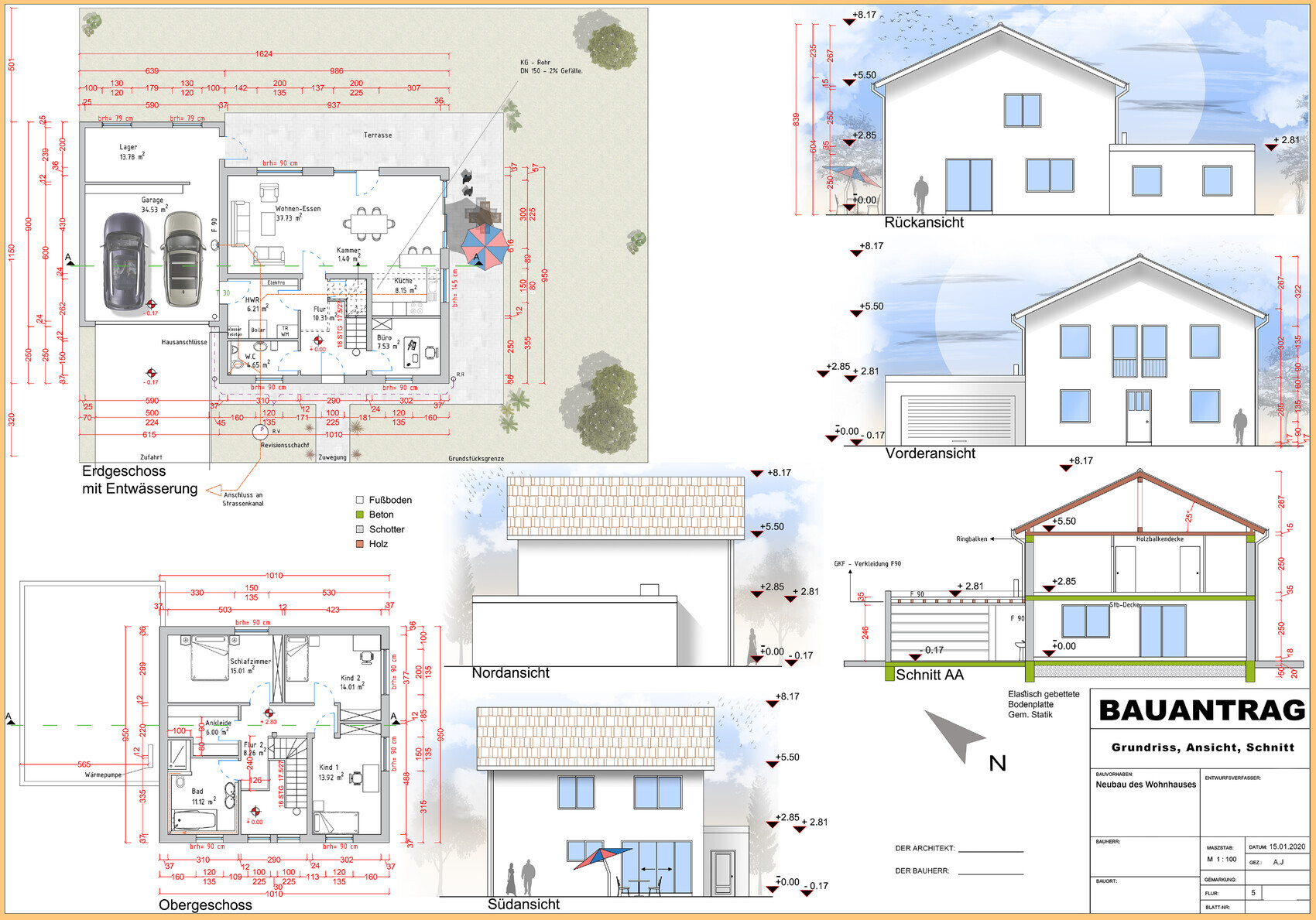 Architekturplan eines Einfamilienhauses: Grundriss, Front-/Rückansicht, Schnitte und Gelände.