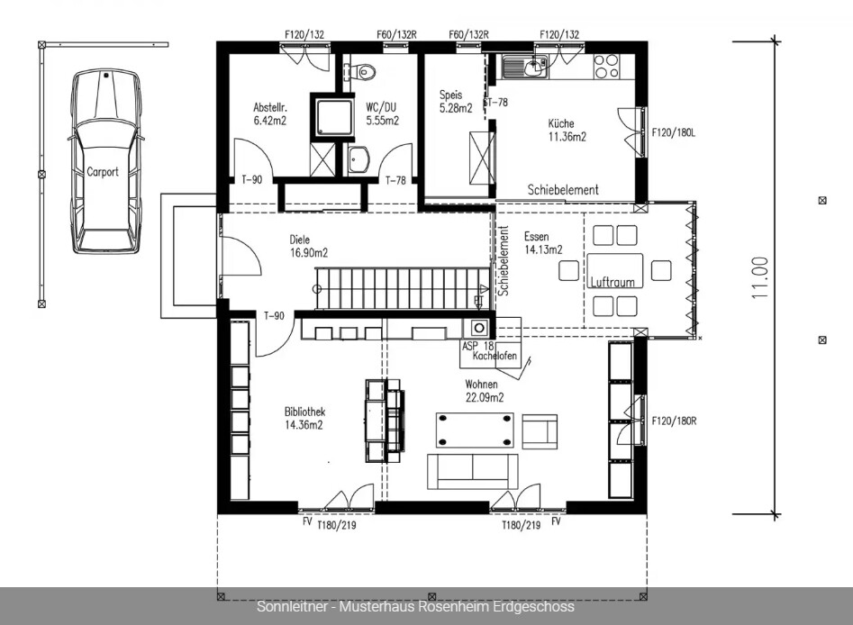 Grundriss Erdgeschoss eines Hauses mit Carport, Küche, Essen, Wohnzimmer, Bibliothek.