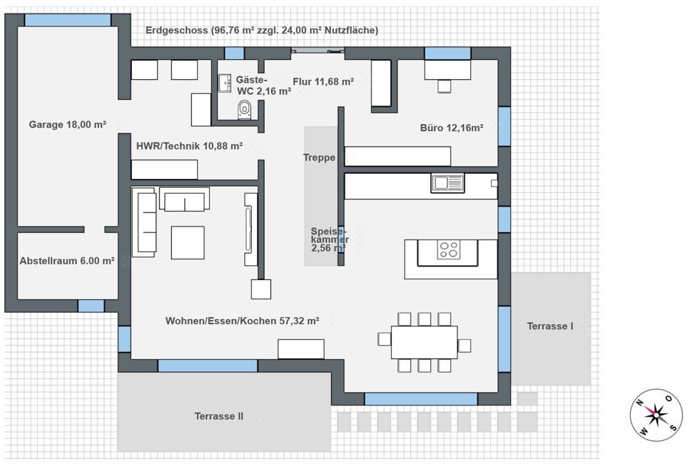 Grundriss Erdgeschoss: Garage, HWR, Gäste-WC, Wohnen/Essen/Kochen, Büro, Terrassen.