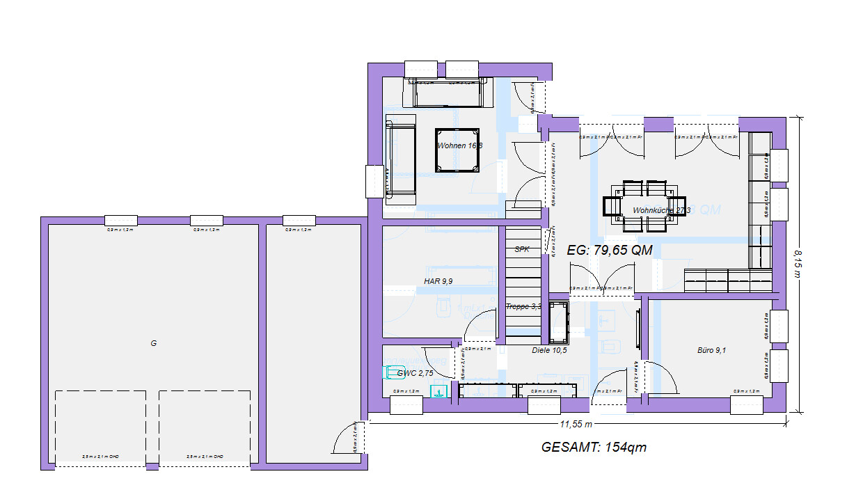 Grundriss eines Hauses: Erdgeschoss mit Wohnküche, Büro, Treppe und Garage.