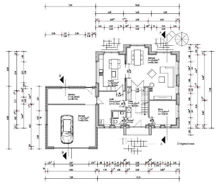 Grundriss-Erdgeschoss eines Einfamilienhauses mit Wohnzimmer, Küche, Bad, Flur, Büro und Garage.