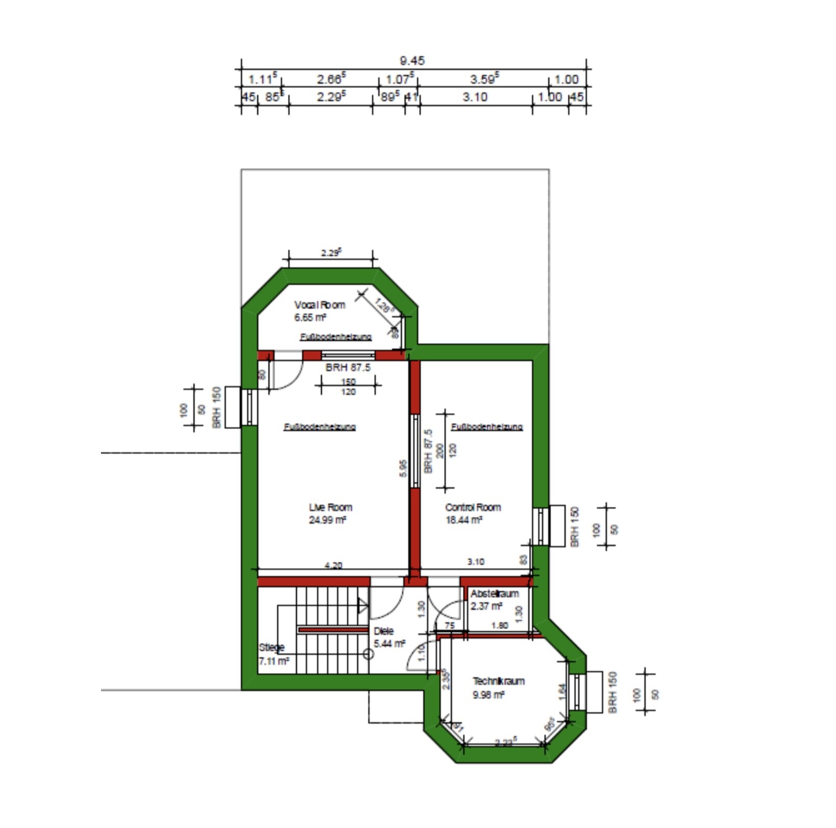 Grundriss eines Hauses mit mehreren Räumen, Treppen und Heizungsanlage