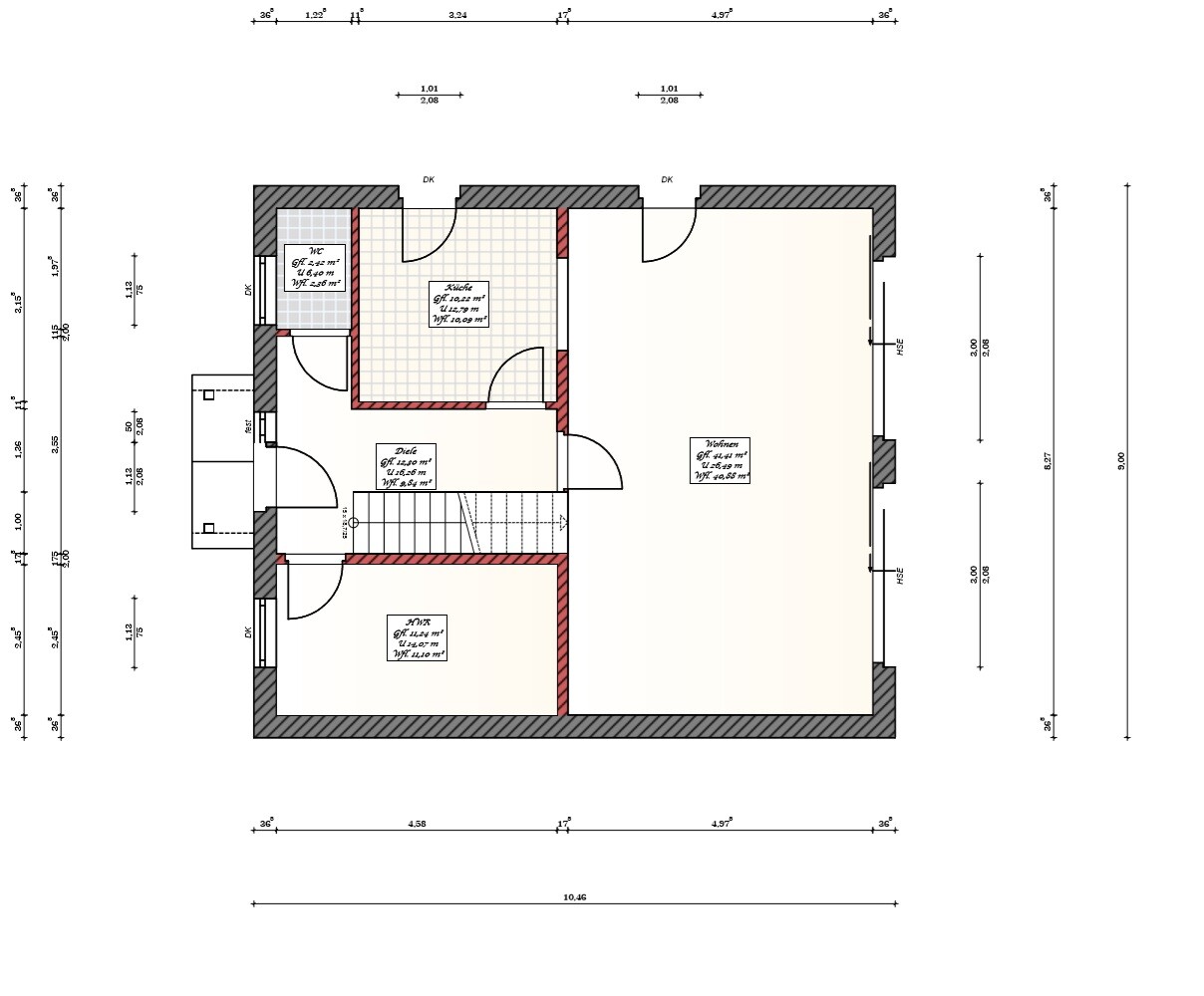 Grundriss einer Wohnung mit Wohnzimmer, Küche, Diele, WC und Treppenhaus.