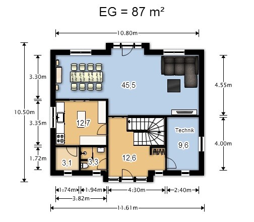 Grundriss des Erdgeschosses eines Hauses mit Zimmern, Flur und Treppenaufgang