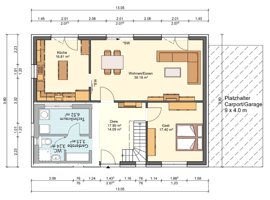 Grundriss eines Hauses Erdgeschoss mit Küche, Wohnbereich, Diele, Gästezimmer und Bad