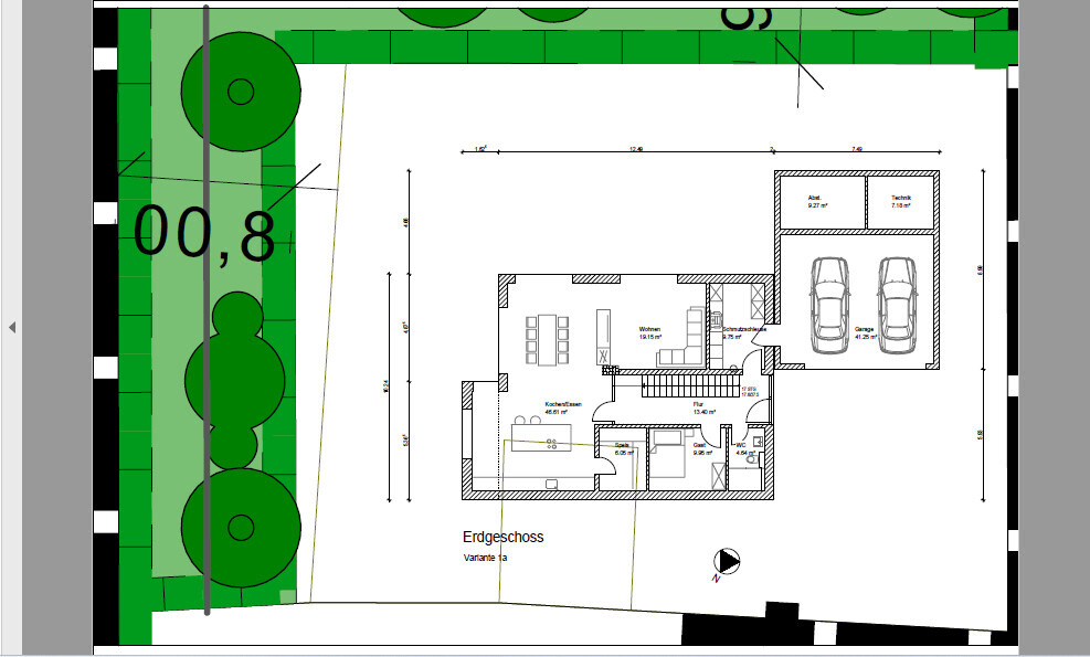 Grundriss Erdgeschoss mit Wohnzimmer, Küche, Bad, Flur, Garage und Garten.