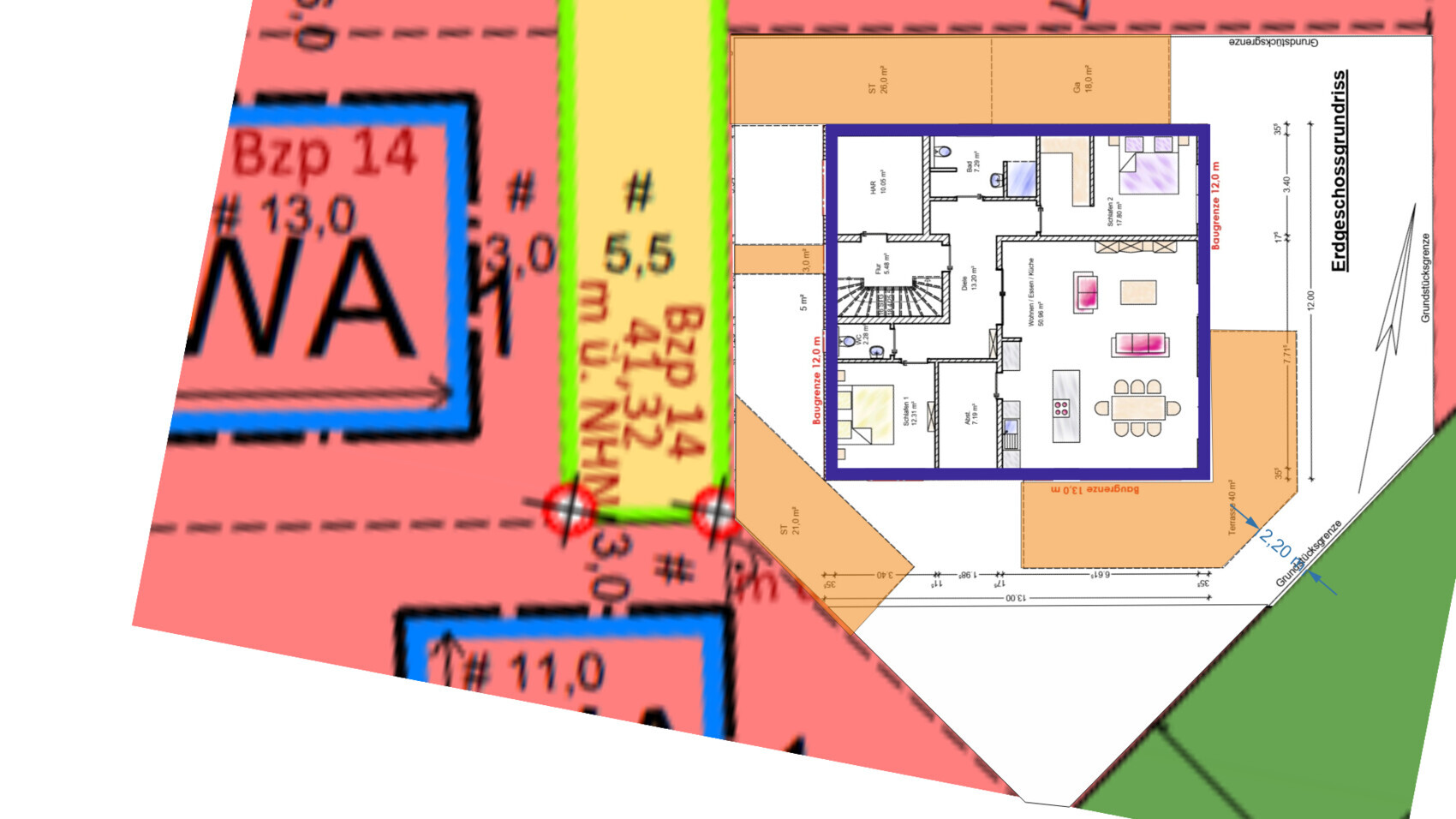 Grundrissplan eines Hauses mit Wohn- und Küchenbereich im Erdgeschoss