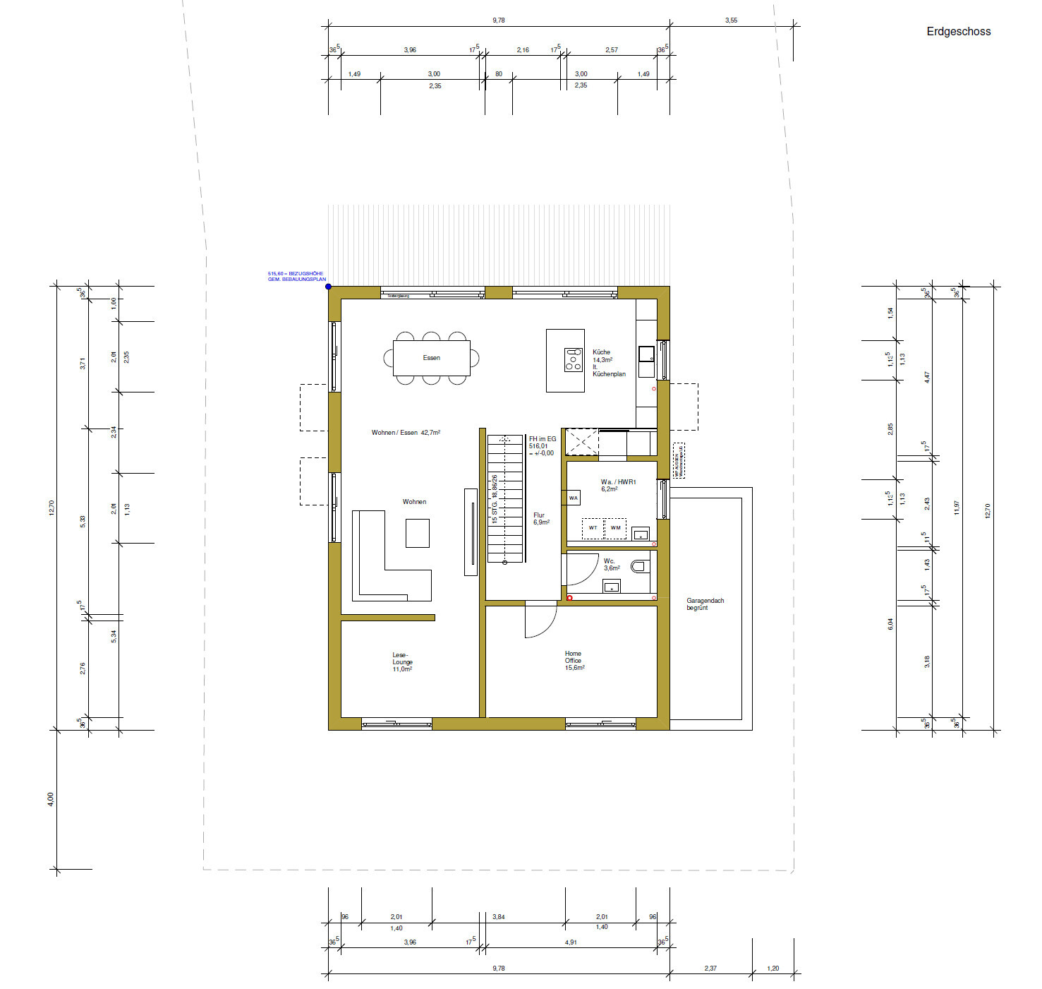 Grundriss eines Einfamilienhauses Erdgeschoss mit Küche, Essbereich und Wohnzimmer.
