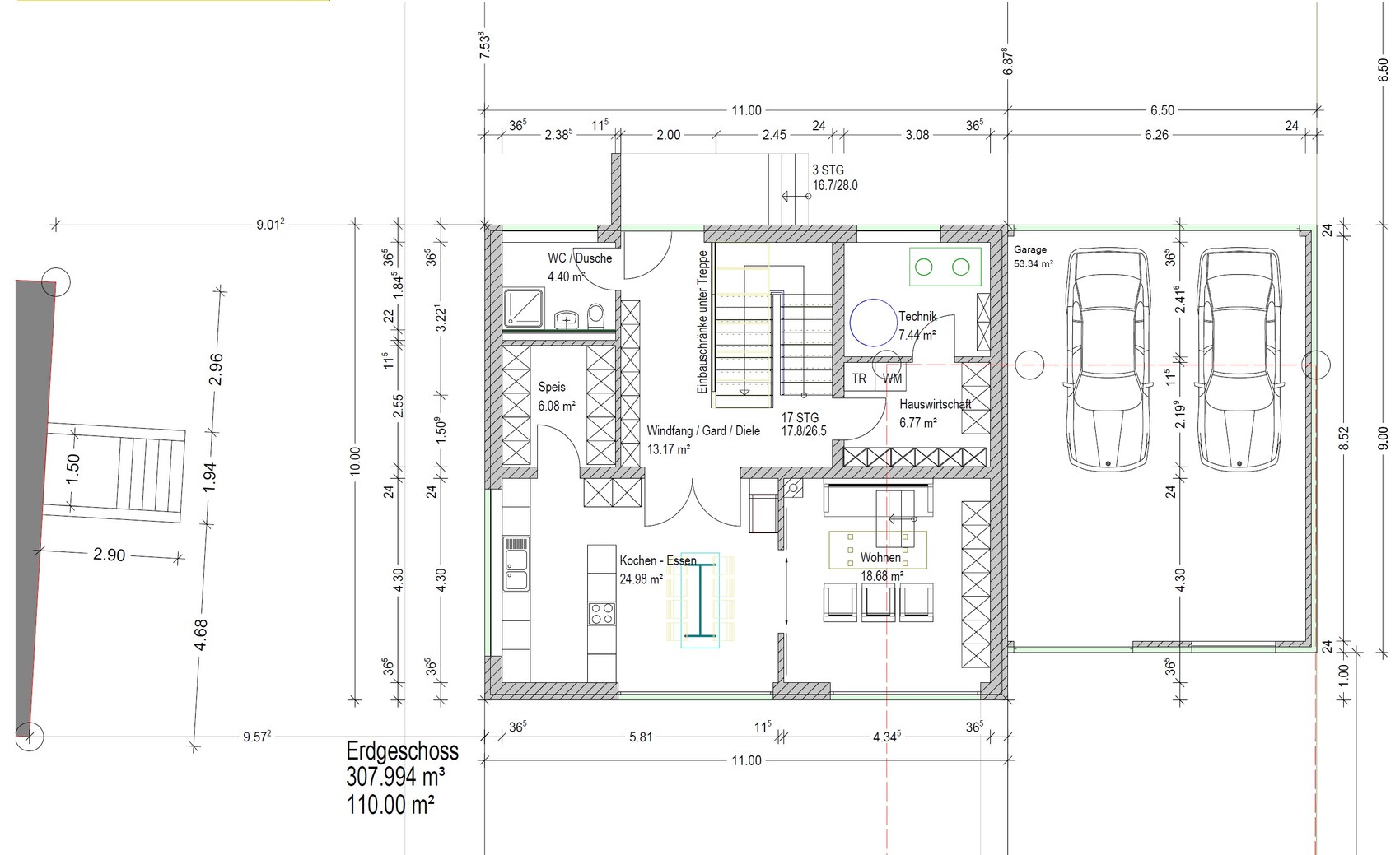 Erdgeschoss Grundriss eines Einfamilienhauses mit Küche, Wohnen und Garage.