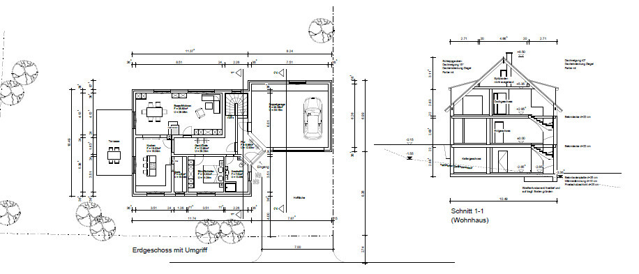 Architekturplan: Grundriss Erdgeschoss mit Garage und Seiten-/Schnittansicht eines Wohnhauses