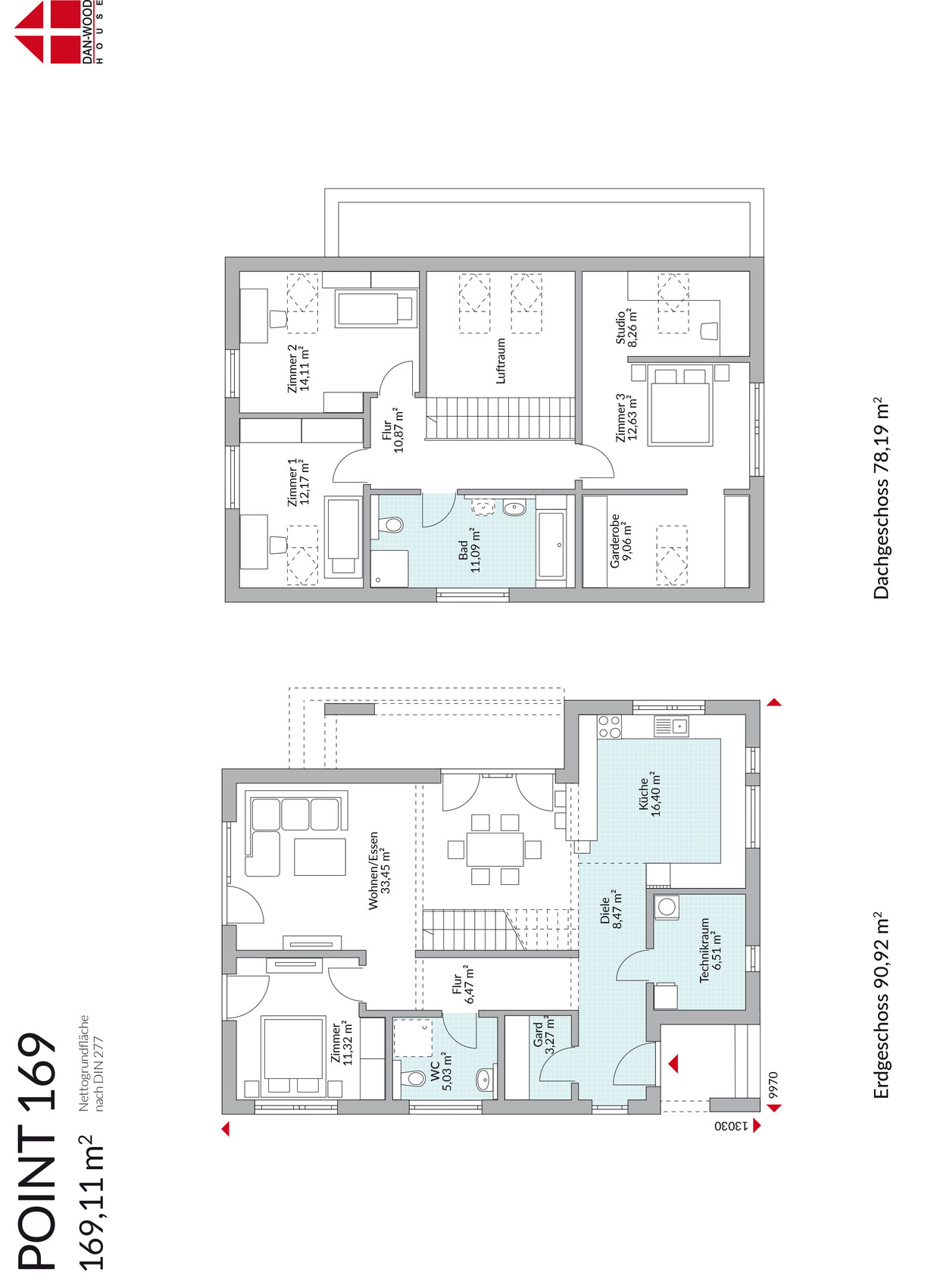 Zwei-geschossiger Grundrissplan eines Hauses mit Küche, Wohnzimmer, Schlafzimmern und Bad.