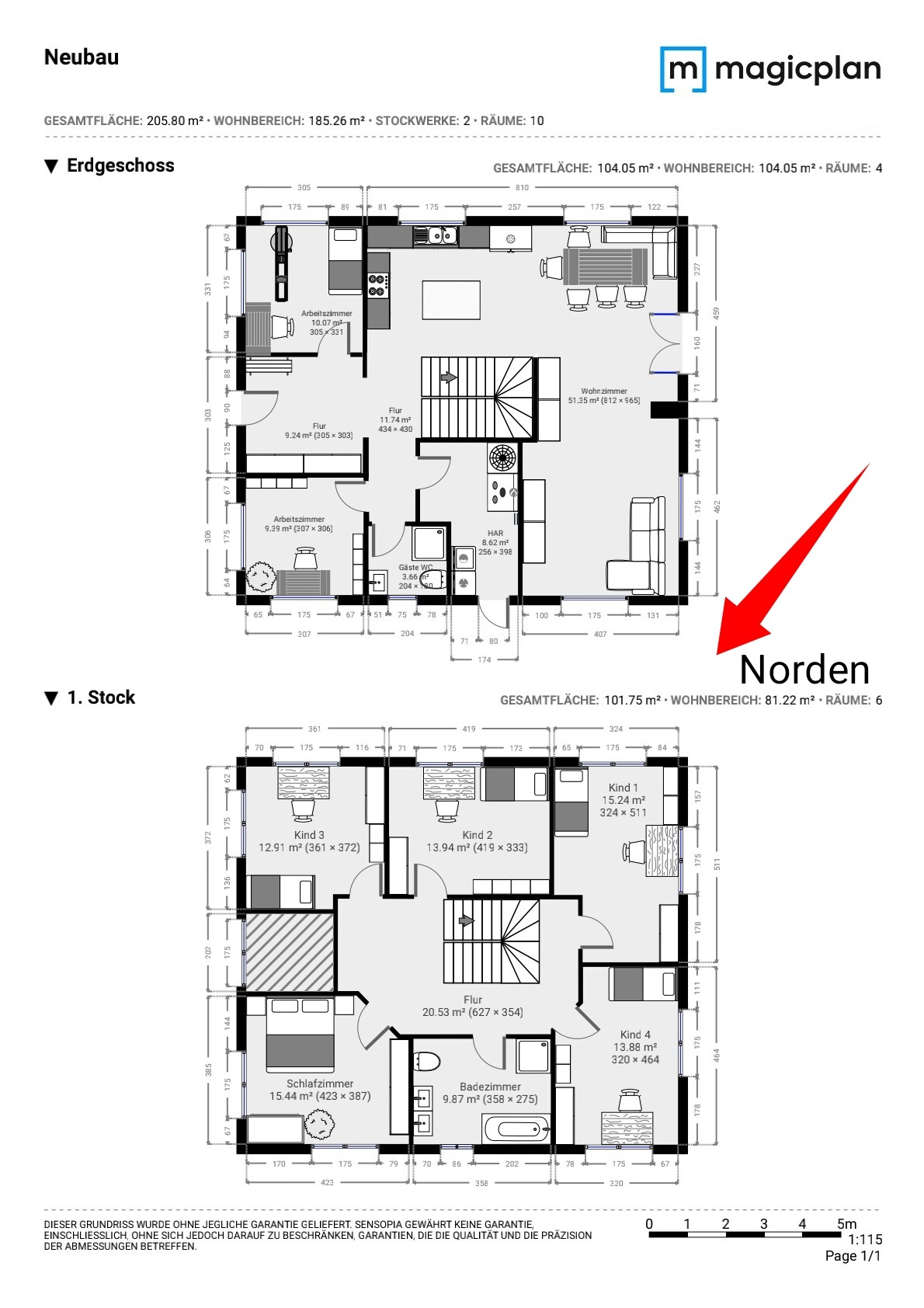 Grundriss eines Neubaus: Erdgeschoss und 1. Stock mit Küche, Wohnzimmer, Schlafzimmer; Norden-Pfeil.