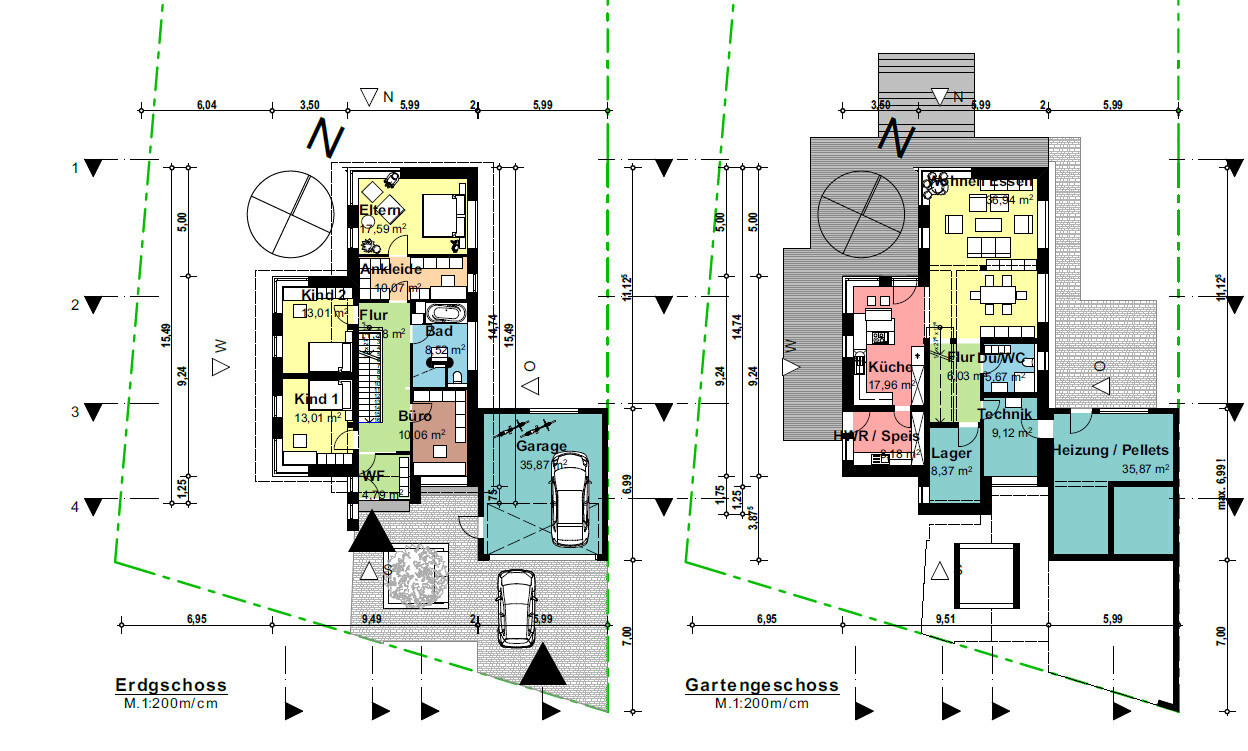Zwei Grundrisse: Erdgeschoss und Gartengeschoss eines Hauses mit Zimmern, Küche, Bad, Garage.