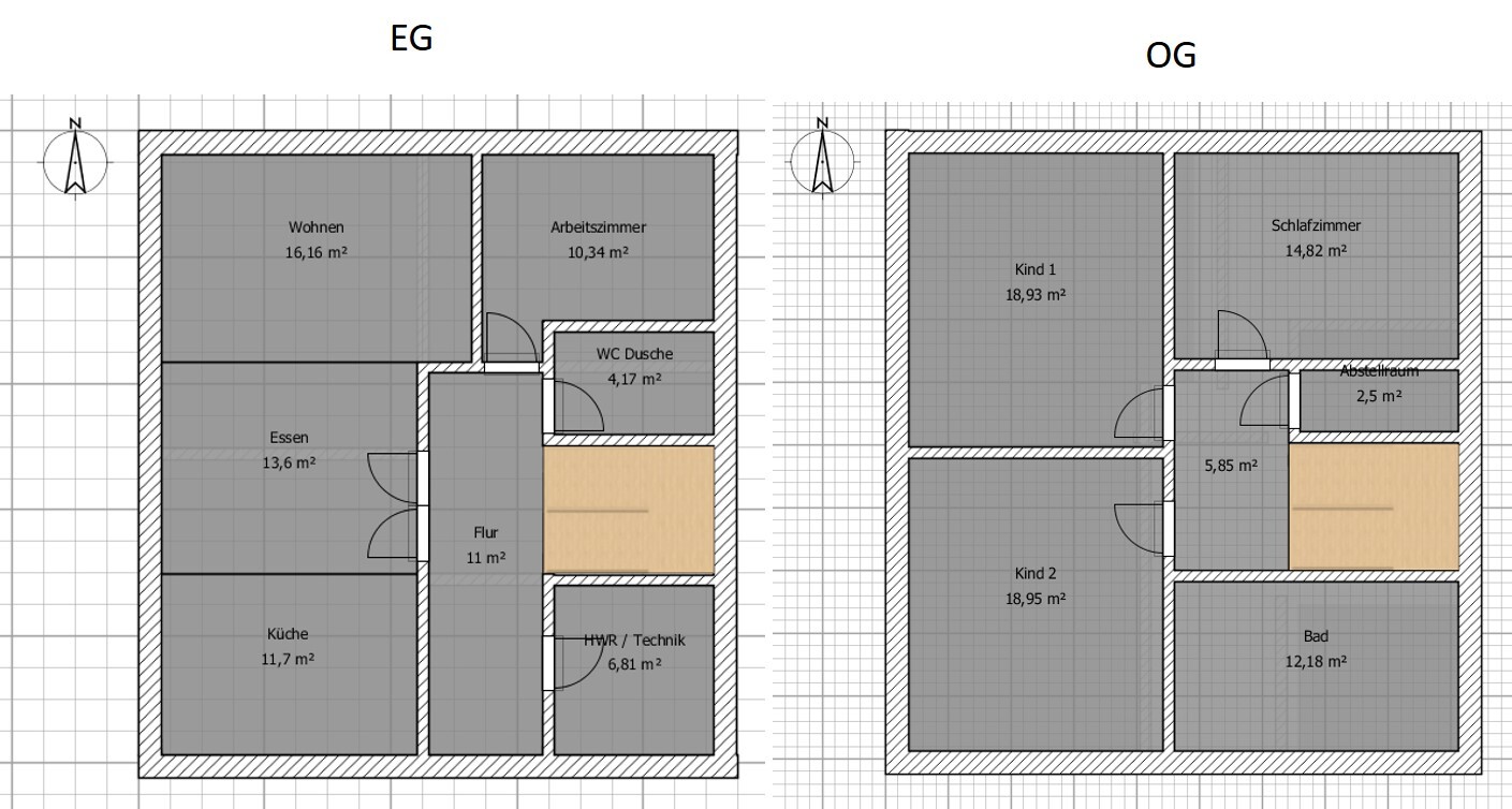 Grundriss: EG/OG mit Wohnen, Essen, Küche, Flur; OG mit Kind 1, Kind 2, Schlafzimmer, Bad.