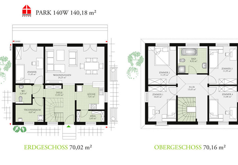Zweigeschossiger Grundriss: Erdgeschoss mit Wohnzimmer, Küche, Diele, WC; Obergeschoss mit 4 Zimmern und Bad.