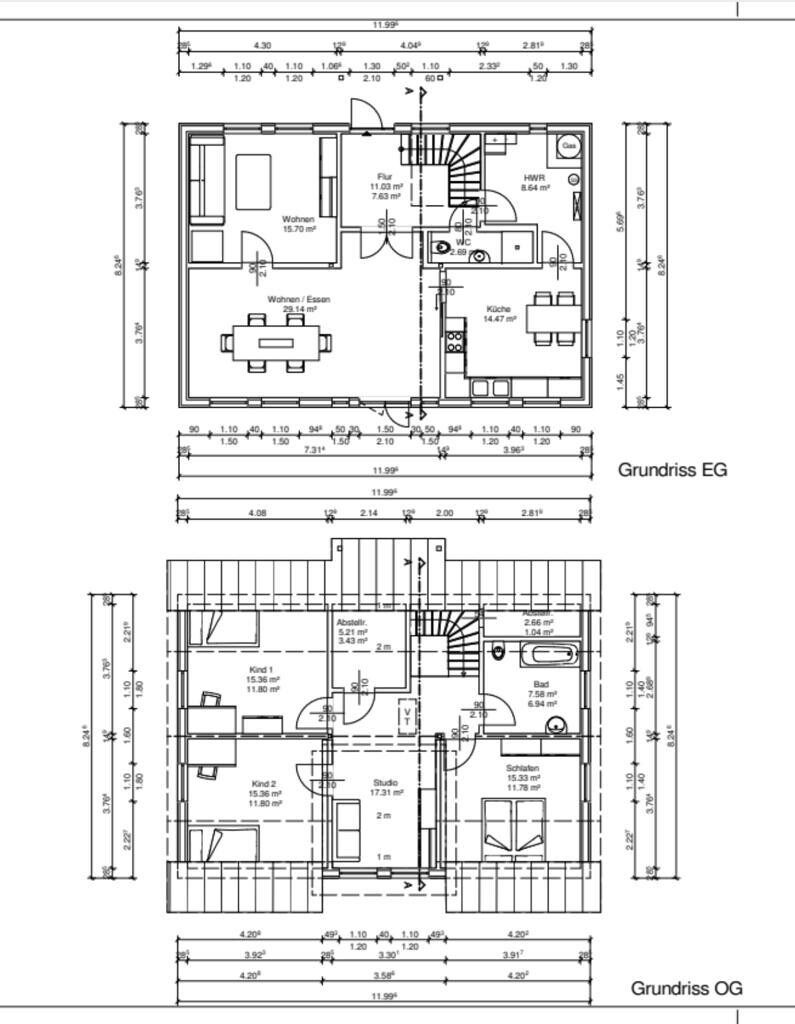 Zweistöckiger Grundriss: EG mit Wohnen, Küche, Essen; OG mit Schlafzimmer, Kind, Studio, Bad.