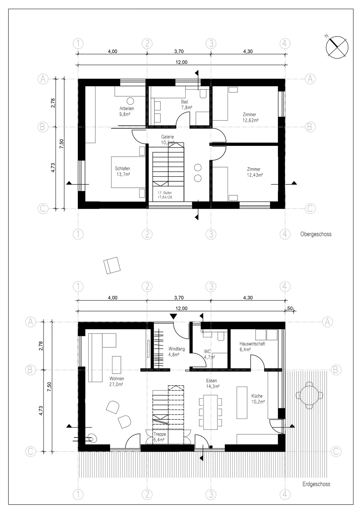 Grundriss: EG Wohnen, Küche, Essen; OG Schlafzimmer, Arbeiten, Bad, Zimmer.