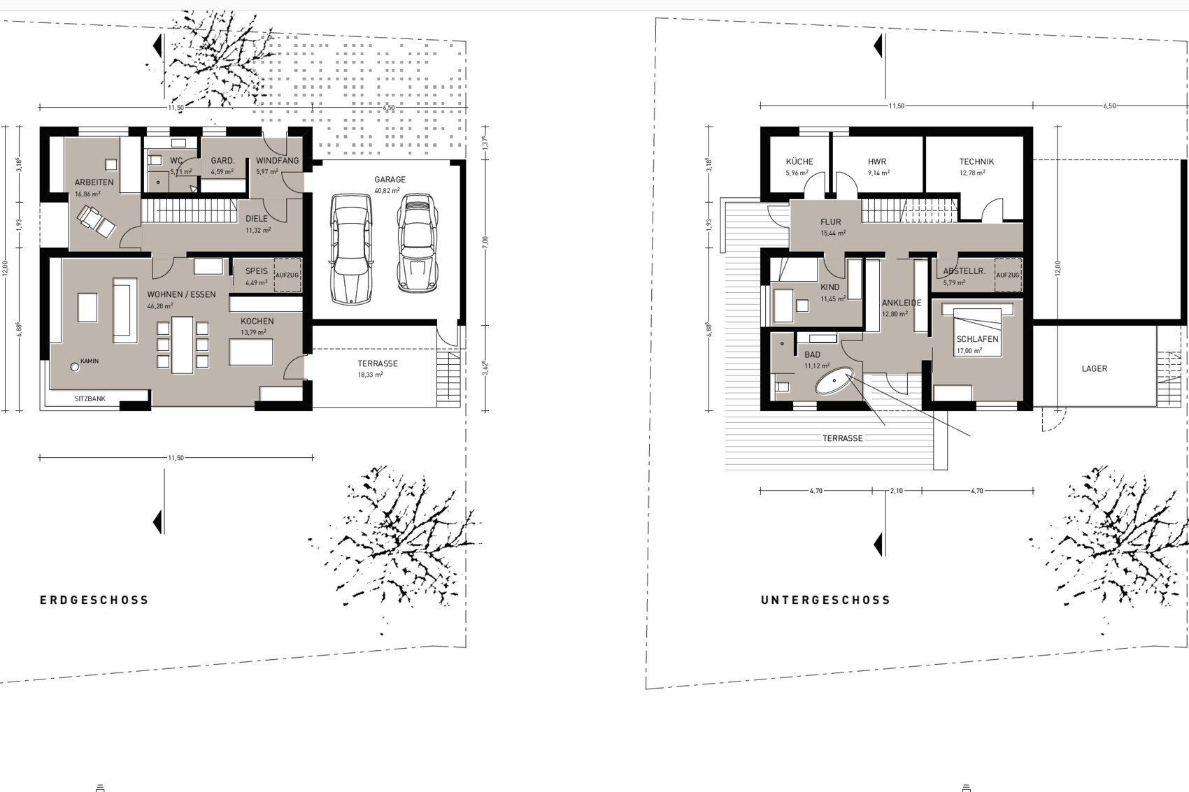 Zweigeschossiger Hausgrundriss mit Erdgeschoss und Untergeschoss, Räume, Terrasse, Garage