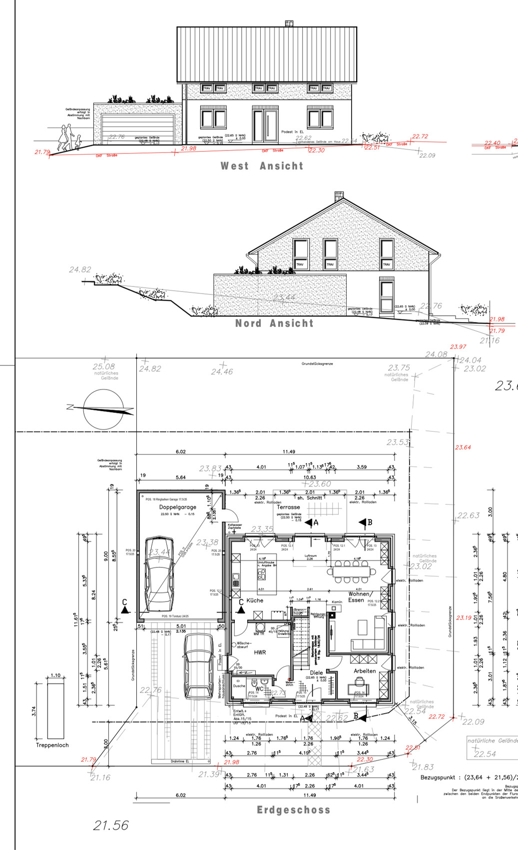 Architekturzeichnung: West- und Nordansicht, Erdgeschoss-Grundriss mit Doppelgarage.