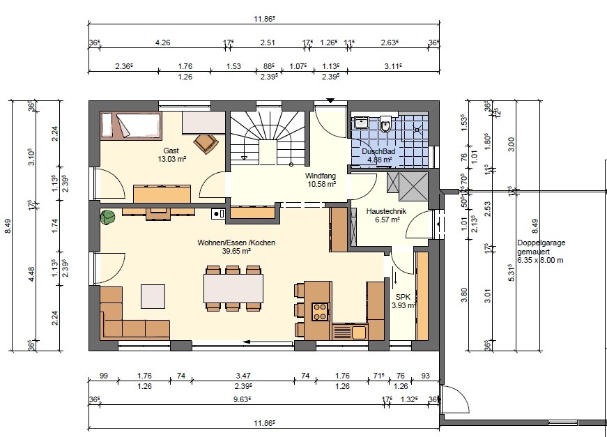 Grundriss: Offener Wohn-/Kochbereich, Essplatz, Gastzimmer, Windfang, Bad, Technik; Doppelgarage.