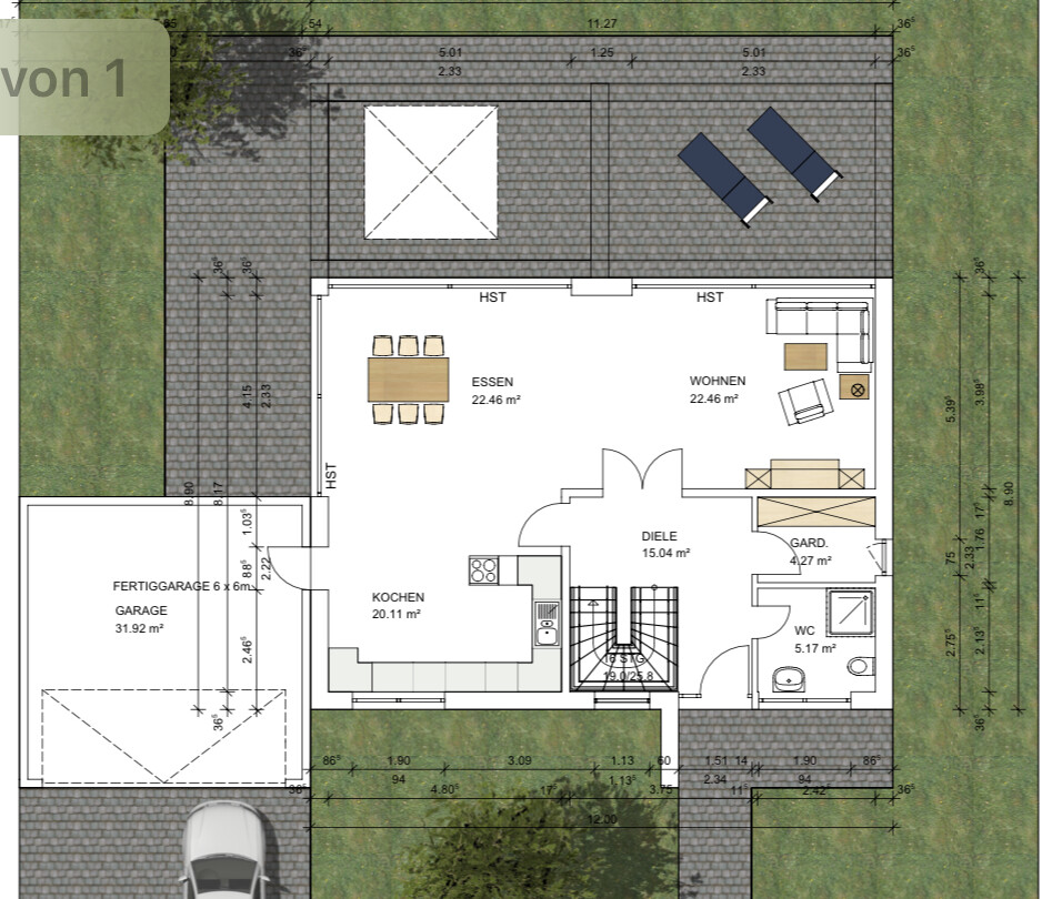 Grundriss EG: Küche, Essen, Wohnen, Diele, WC; Garderobe, Garage, Terrasse und Garten.