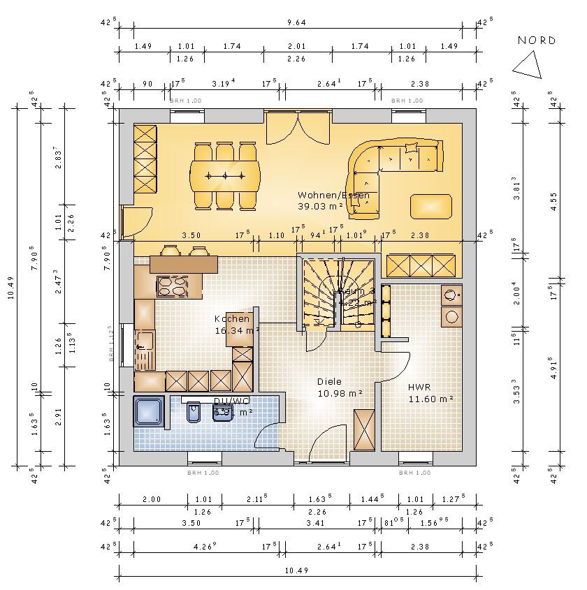 Grundriss eines Hauses: offener Wohn- und Essbereich, Küche, Diele, HWR und Treppe.