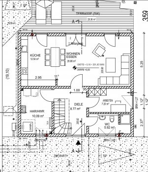 2D-Grundriss eines Einfamilienhauses: Erdgeschoss mit Küche, Wohnen-Essen und Terrasse.