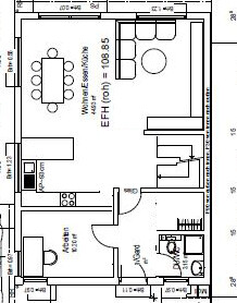 Grundrissplan des Erdgeschosses mit Küche, Essbereich und Wohnzimmer.