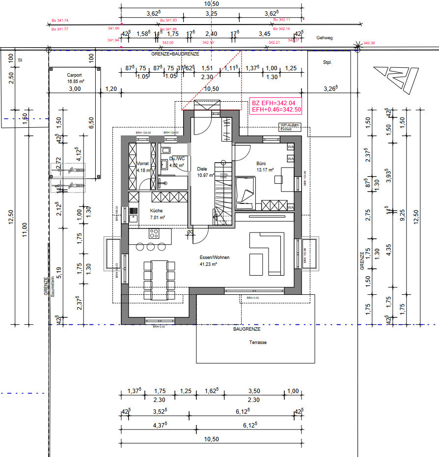 Grundriss eines Wohnhauses: Diele, Küche, Essen/Wohnen, Büro, Vorrat, Du/WC, Terrasse.