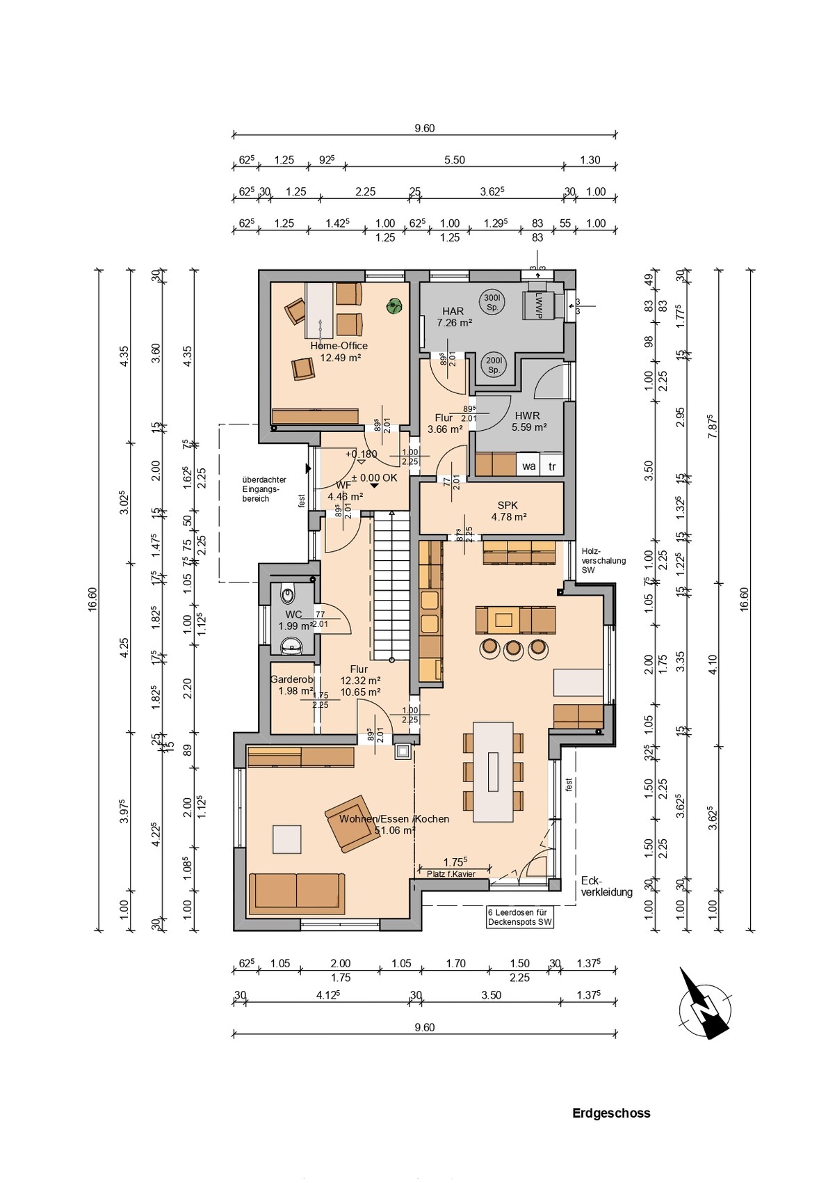 Grundriss Erdgeschoss mit Wohnen/Essen/Kochen, Flur und Nebenräumen eines Hauses