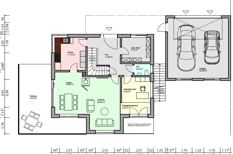 Grundriss eines EFH mit Küche, Esszimmer, Wohnen, Arbeitszimmer, Flur, WC, Terrasse und Doppelgarage.