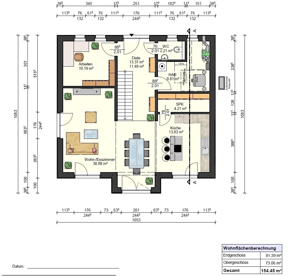 Grundriss Erdgeschoss: Wohn-/Esszimmer, Küche, Arbeiten, Diele, WC, HAR, SPK, Treppenhaus.