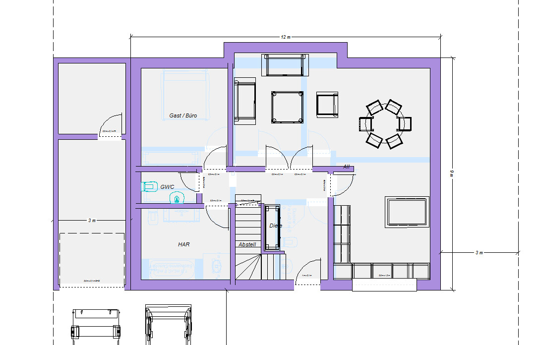 Grundriss eines Hauses mit Gast/Büro, Diele, HAR, GWC, Abstell, Wohnzimmer und Esstisch.