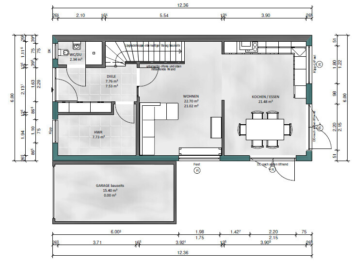 Grundriss Erdgeschoss: Diele, Wohnen, Kochen/Essen, HWR, WC, Garage.