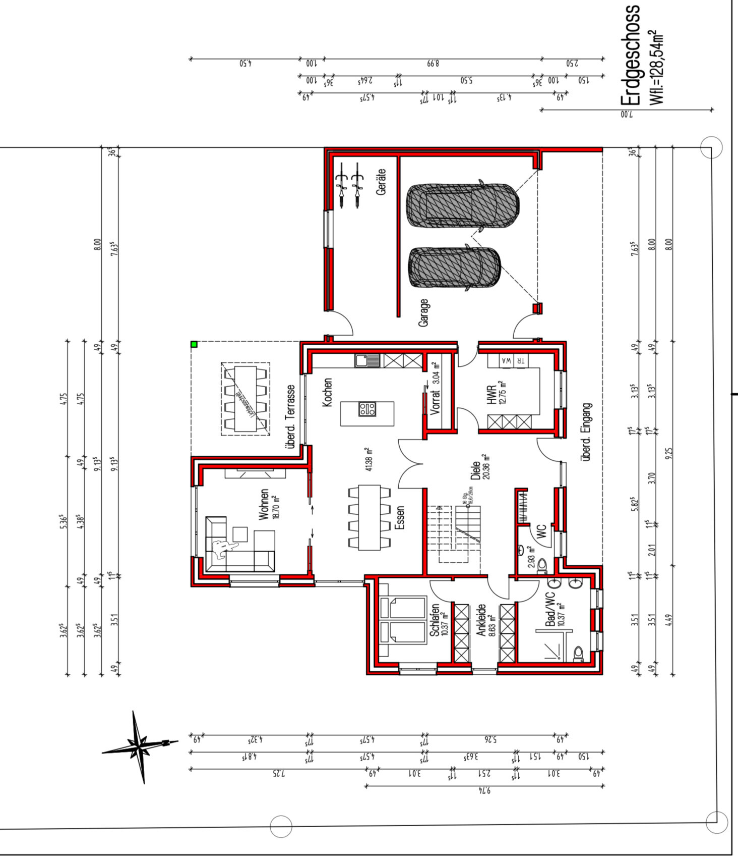 Grundriss eines Einfamilienhauses mit Garage, Küche, Wohnzimmer und Schlafzimmer