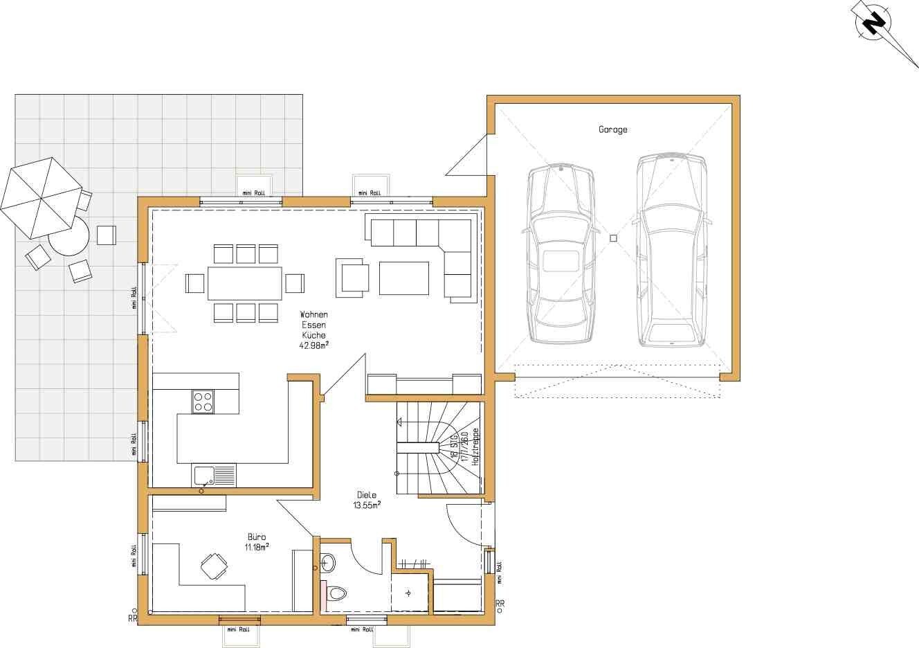 Grundriss eines Hauses: Wohn-Ess-Küche, Büro, Diele, Treppe, Garage für zwei Autos, Terrasse.