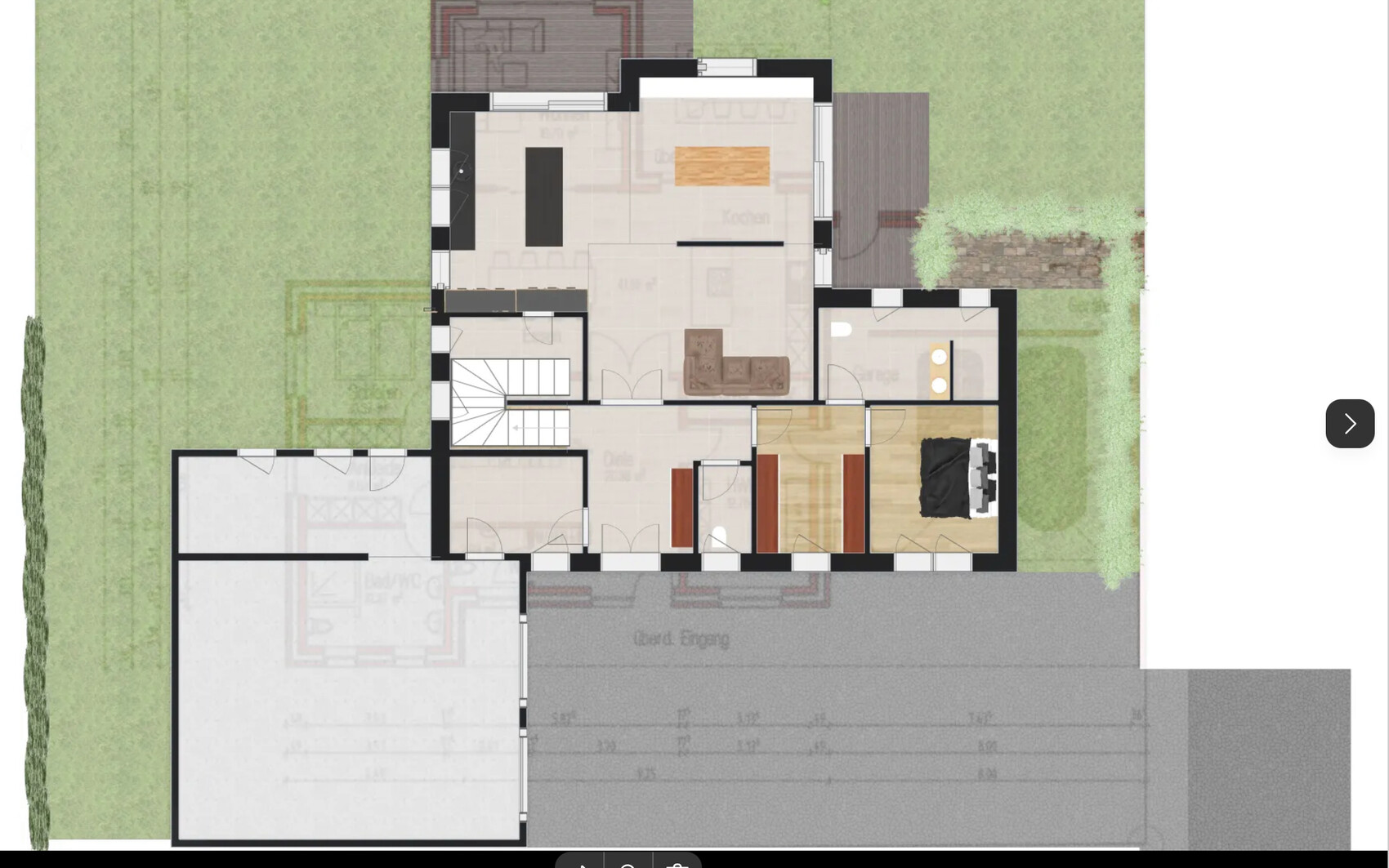 Grundrissplan eines Hauses mit Wohnzimmer, Küche und Garten.
