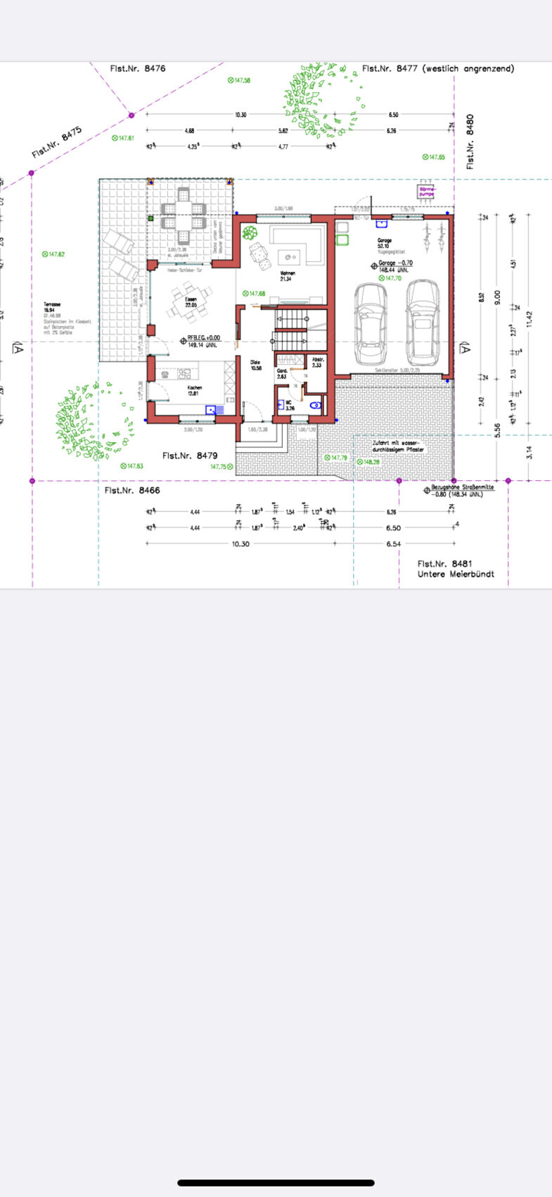 Grundriss eines Einfamilienhauses mit Wohnzimmer, Küche, Essbereich, Doppelgarage und Garten.
