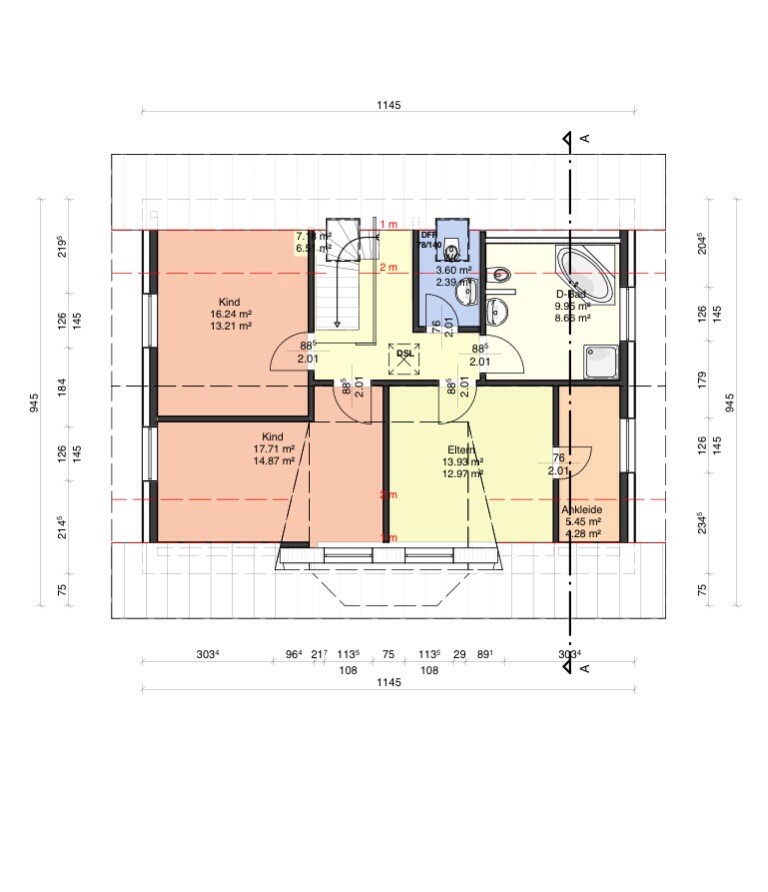 Grundriss Obergeschoss: zwei Kinderzimmer, Elternzimmer, Bad, Ankleide.