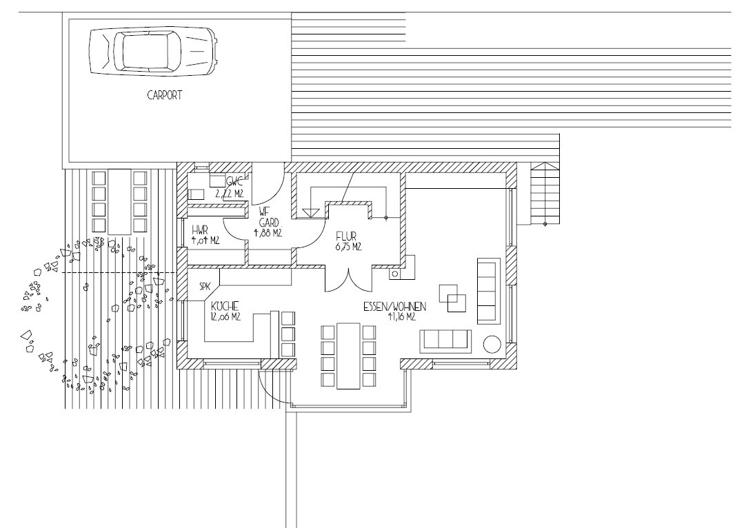 Grundriss eines Hauses mit Carport, Küche, Essen/Wohnen, Flur und Garten.