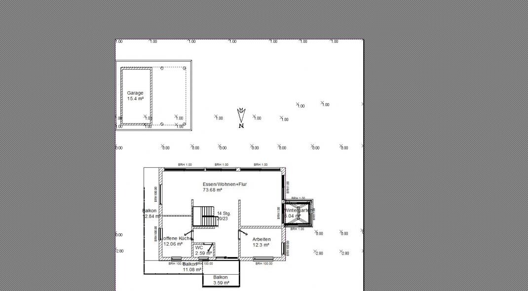 Grundriss eines Hauses mit Garage, Balkon, offener Küche, Essen/Wohnen, Arbeitszimmer
