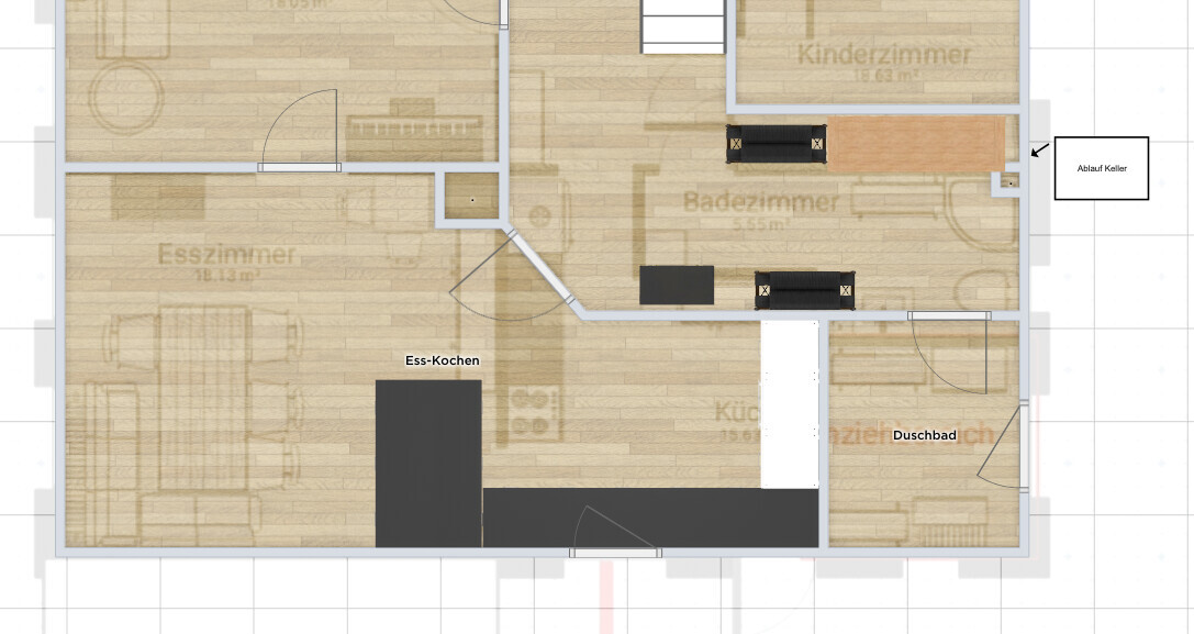 Grundriss eines Hauses: Esszimmer, offene Küche, Badezimmer, Kinderzimmer, Möbel.