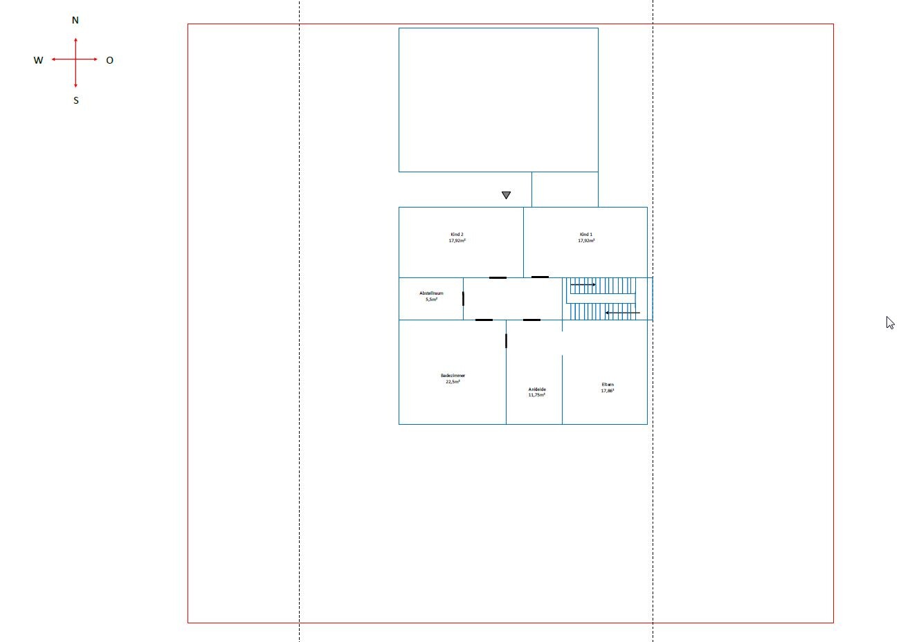 Grundriss eines Hauses mit zwei Kinderzimmern, Elternzimmer, Ankleidezimmer, Abstellraum und Treppe.