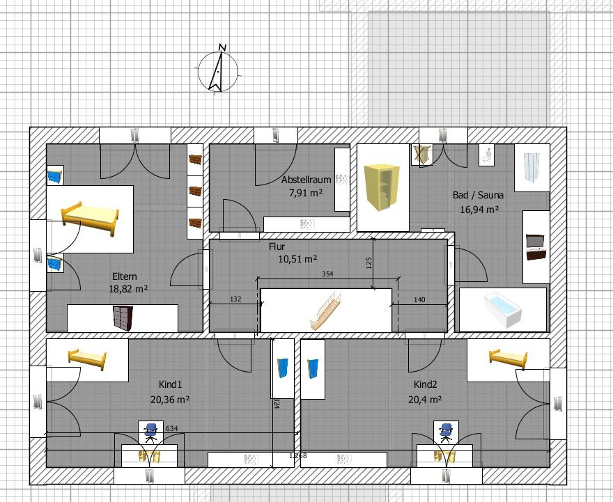 Grundriss eines Hauses: Elternzimmer, zwei Kinderzimmer, Flur, Abstellraum, Bad/Sauna.