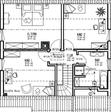 Grundriss eines Familienhauses mit Eltern- und Kinderzimmern, Flur und Bad.