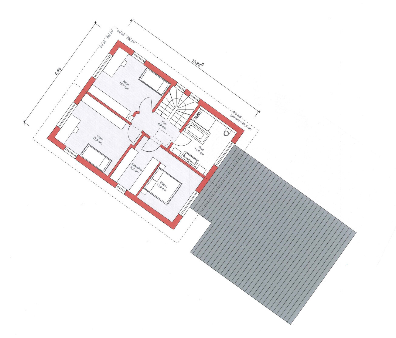 Grundriss eines Familienhauses mit mehreren Zimmern, Treppe und Terrassenbereich