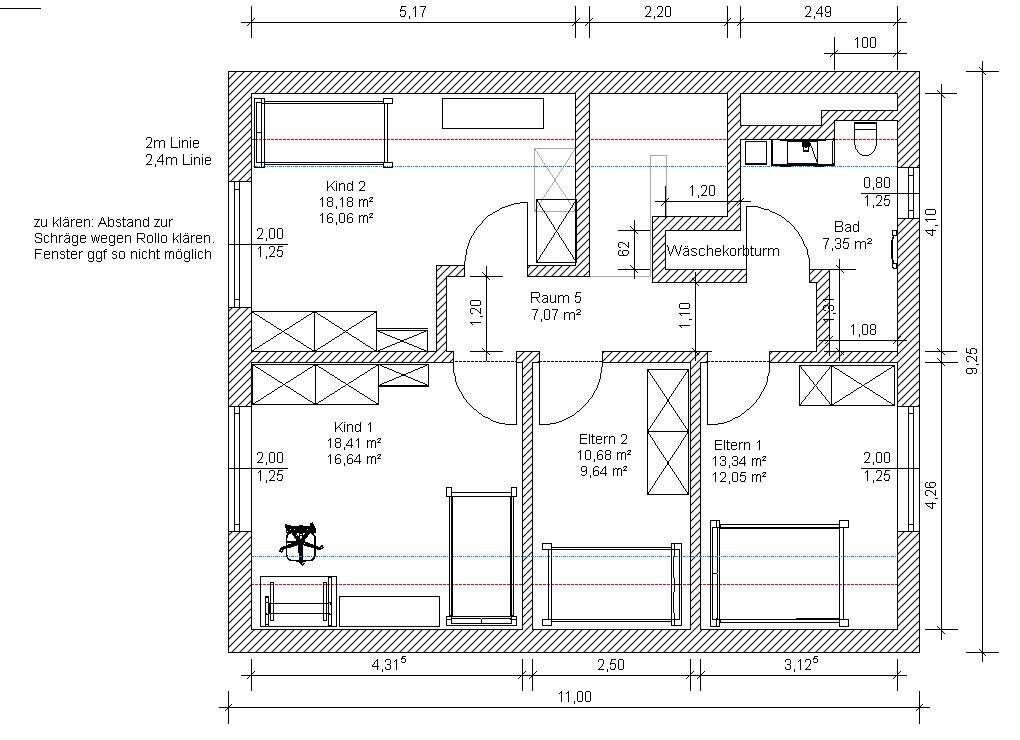 Grundriss eines Hauses mit 4 Schlafzimmern (Kind 1, Kind 2, Eltern 1, Eltern 2), Bad, Waschküche.
