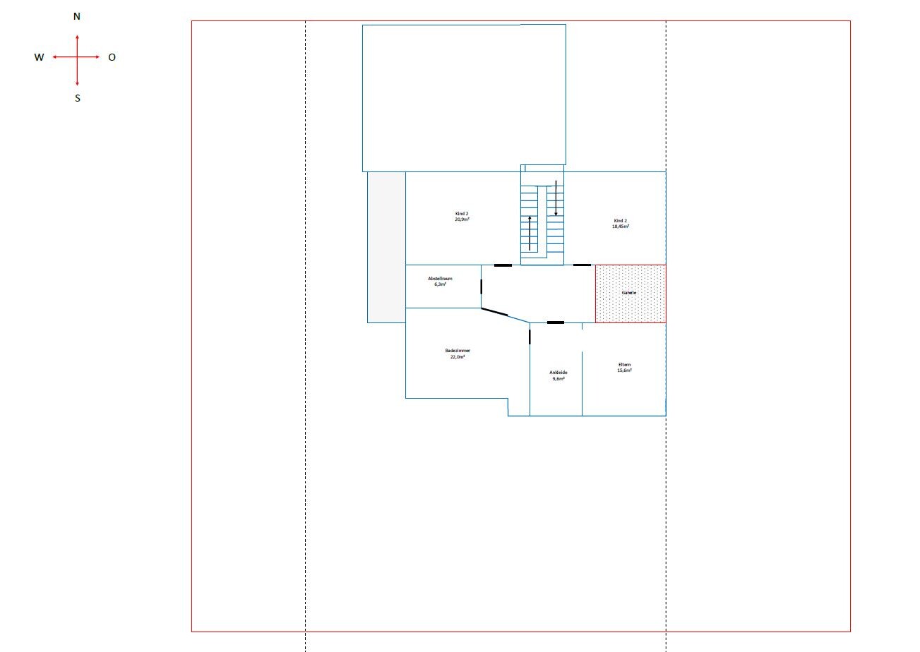 Grundriss eines Hauses: Treppenhaus, Abstellraum, Badezimmer, Ankleide, Eltern- und Kinderzimmer.