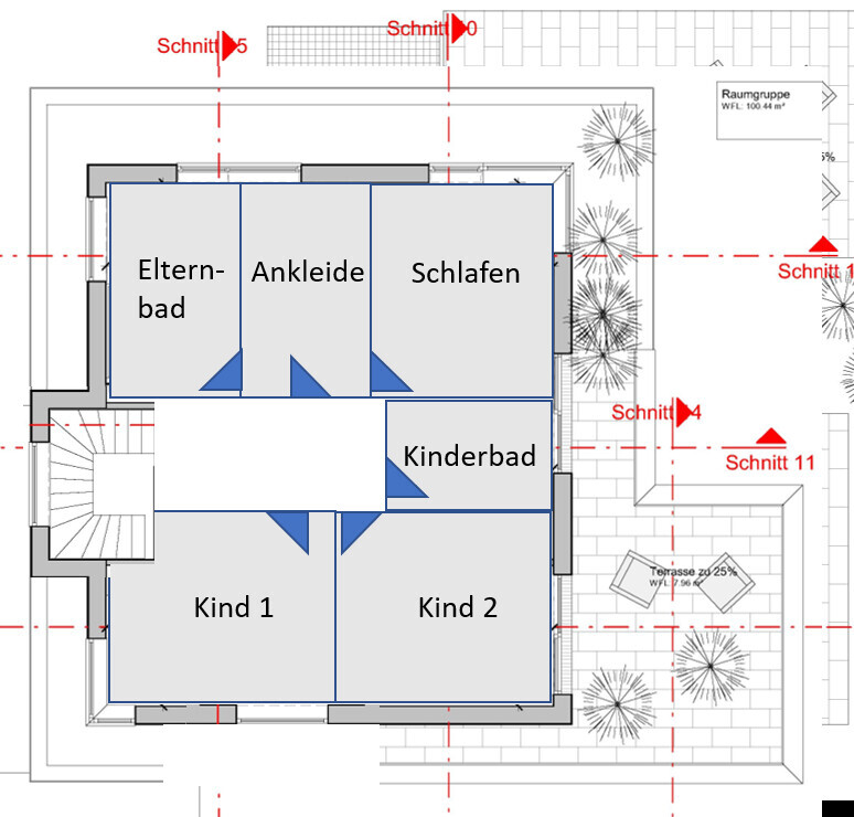 Grundriss eines Hauses: Schlafen, Ankleide, Elternbad, Kinderbad, Kind 1 und Kind 2